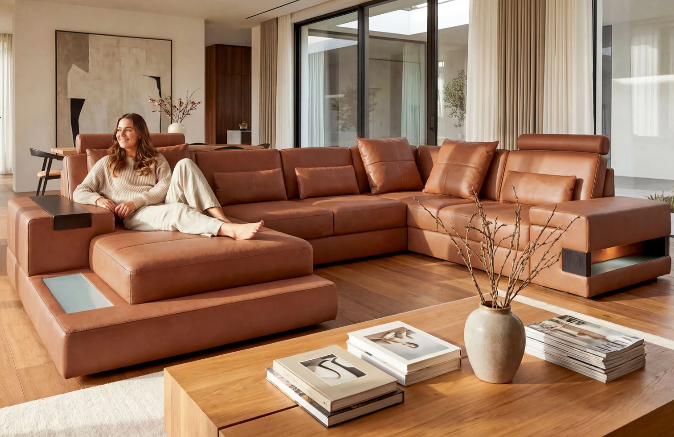 Los Angeles Premium Leather U-Chaise Sectional Sofa